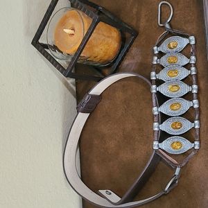 Silver & stone brown leather belt